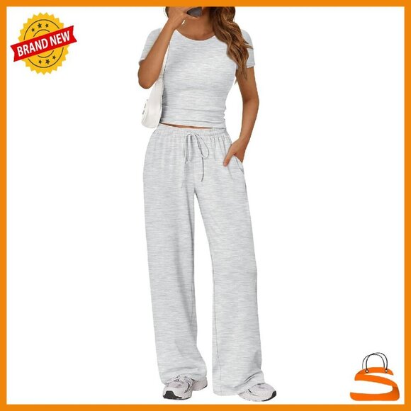 Pants - Rayon-Spandex Lounge Set Wide Leg Pants Crop Top Side Pockets